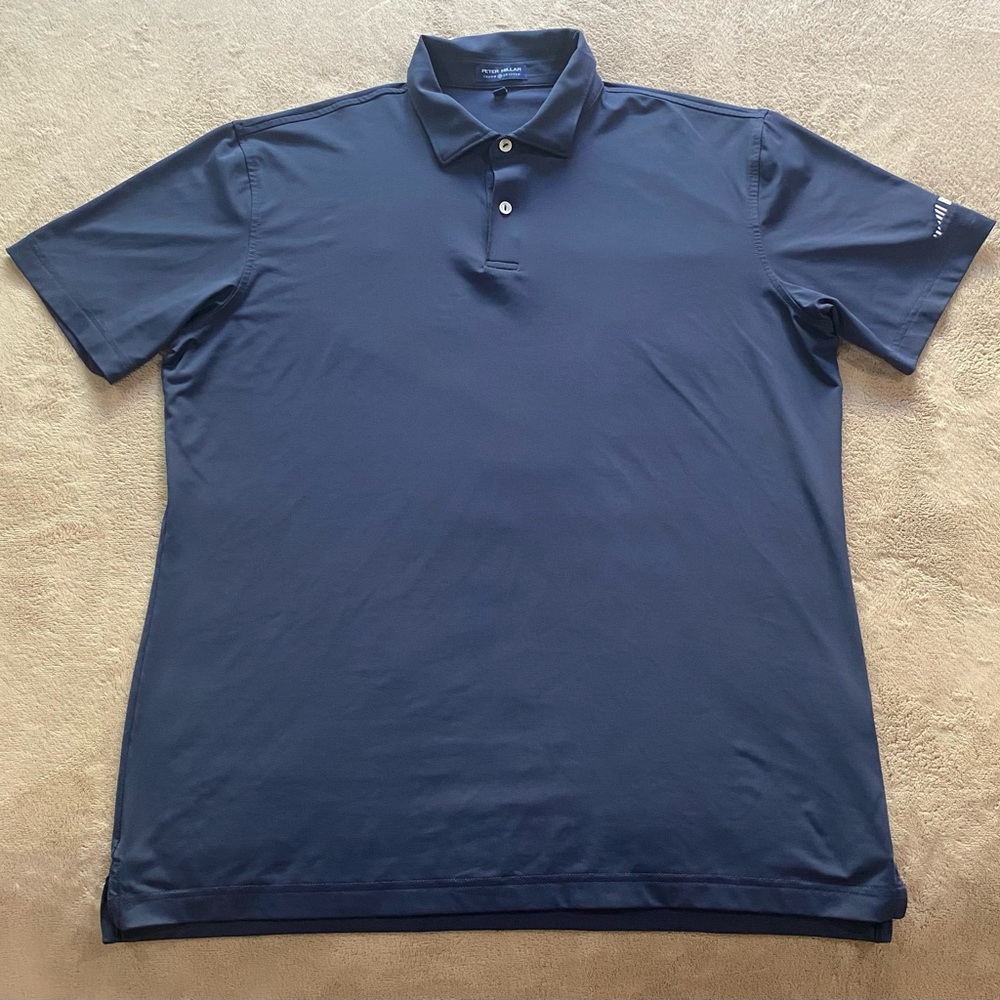 Peter Millar Crown Crafted Polo Shirt L Navy Golf Performance Mill Bridge Logo